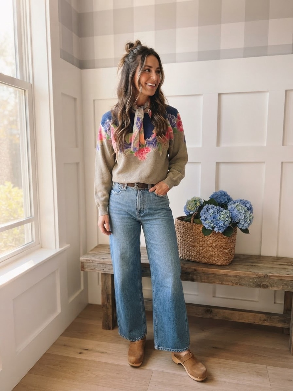 Floral Yoke Crewneck Sweater in Beige with Pink & Blue Floral Accents